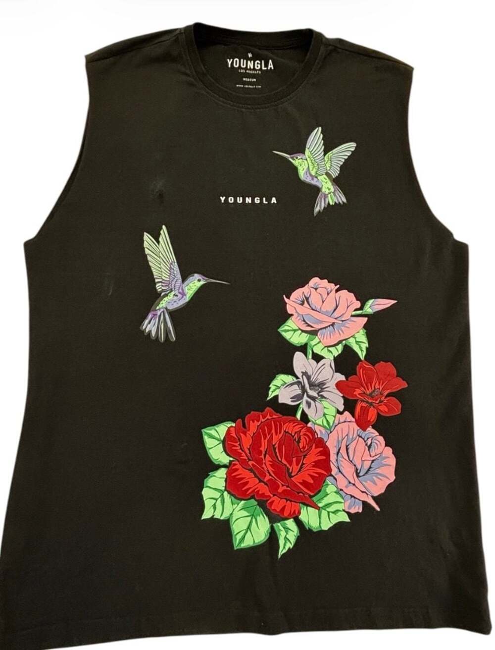 YoungLA Hummingbird and Rose Graphic Sleeveless Tank Top Size Medium
